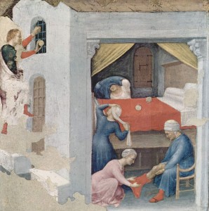 Nicolaas gooit 3 gouden ballen in de kamer van drie arme meisjes - Gentile da Fabriano, ~1425